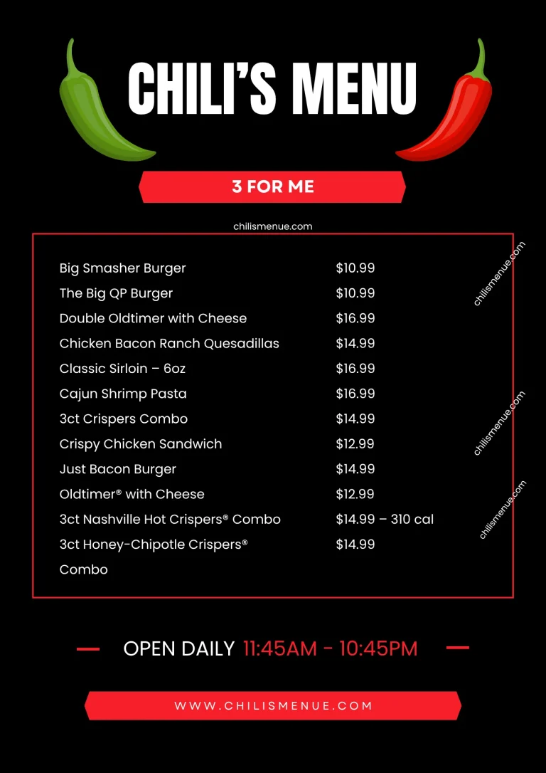 Chili's Menu 3 for me with Prices & Calories