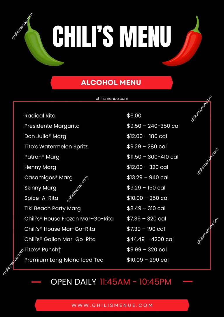 Chili's Menu Alcohol List with Prices