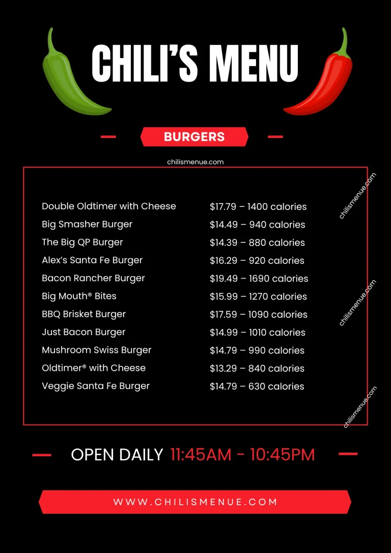 Chili's Menu Burgers with Prices & Calories