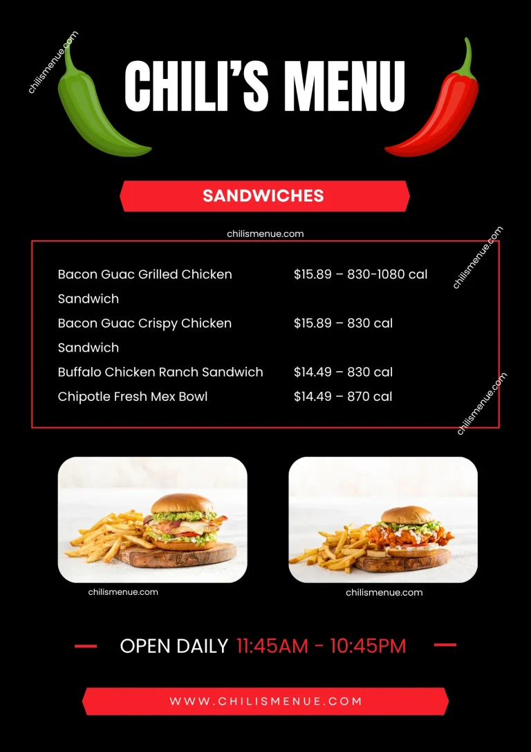 Chilis Menu Sandwiches with Prices & Calories