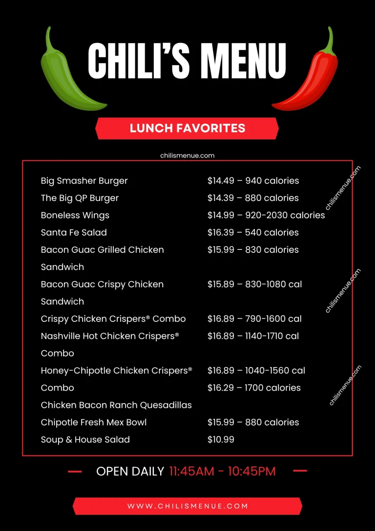 Chili's Menu Lunch Favorites with Prices & Calories